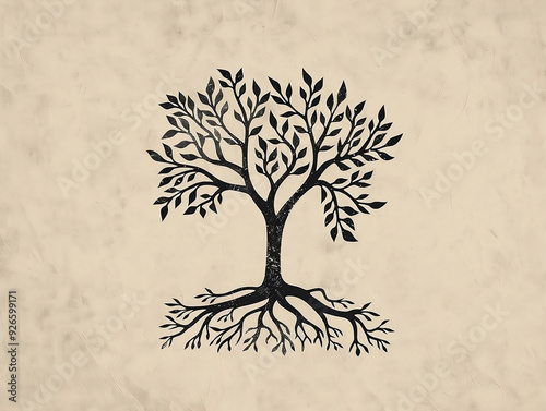 Stylized Black Tree with Intricate Root System on Textured Beige Background - Concept of Growth, Stability, Life Cycles, Family Roots, and Connection to Nature