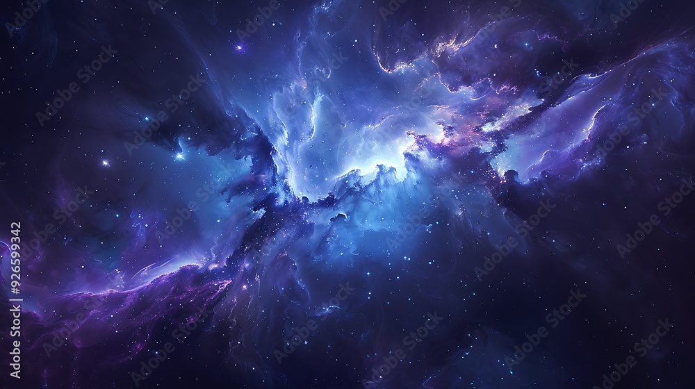 Naklejka premium A majestic interstellar cloud with swirling gas and dust, stars forming within, light breaking through the cosmic mist, vibrant hues of blue and purple, viewed from a distant planet,