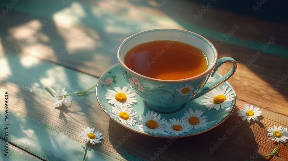 A cup of tea in a delicate floral teacup with a saucer, adorned with daisies, all bathed in warm sunlight on a wooden surface, symbolizing relaxation, nature, tranquility, warmth, and joy. A cup of tea in a delicate floral teacup with a saucer, adorned with daisies, all bathed in warm sunlight on a wooden surface, symbolizing relaxation, nature, tranquility, warmth, and joy.