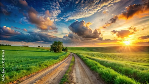 Fototapeta Naklejka Na Ścianę i Meble -  Panorama of green field with dirt road and sunset sky in a summer rural landscape sunrise, green field, dirt road