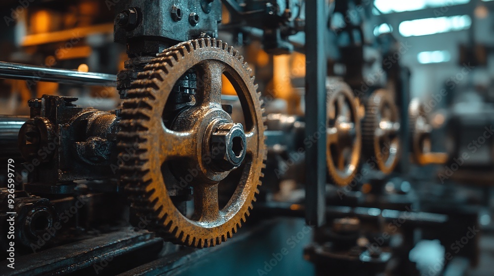 Precision Mechanics. Detailed close up of engine gear wheels with a metallic backdrop Precision Mechanics. Detailed close up of engine gear wheels with a metallic backdrop