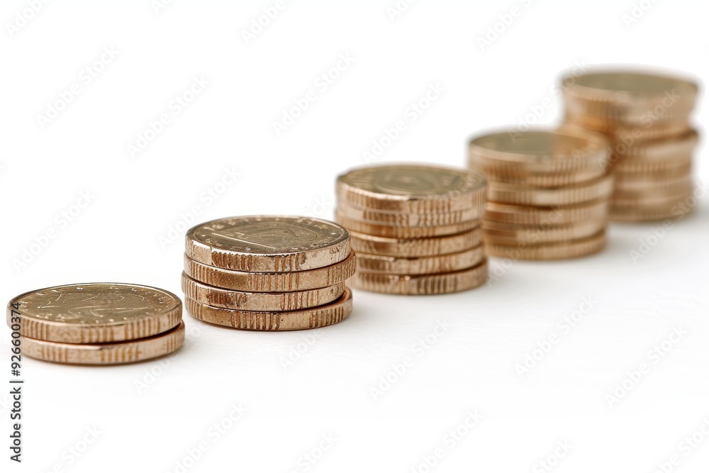 Stacks of golden coins arranged in ascending order on a white background. Stacks of golden coins arranged in ascending order on a white background.