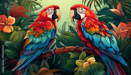 Rainforest background with parrots, flat design, top view, tropical theme, cartoon drawing, vivid