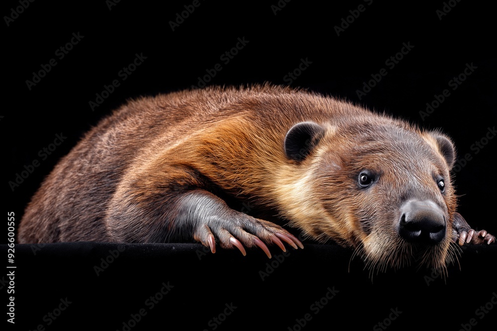 Obraz premium Photo of a beaver isolated against a black background, emphasising the beaver's majestic features. Wildlife and conservation concept, space for copy.