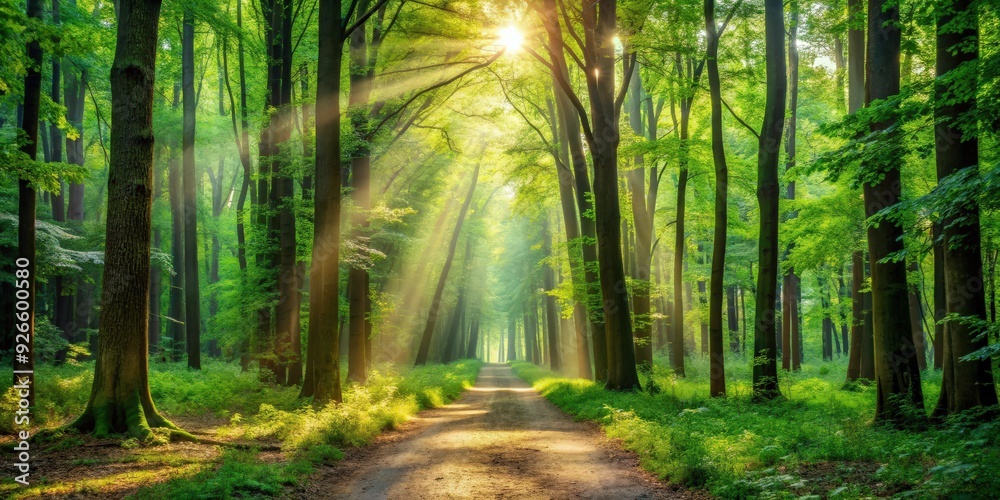 Naklejka premium Peaceful forest walk surrounded by tall trees, lush greenery, and filtered sunlight rays, nature, outdoors, hiking
