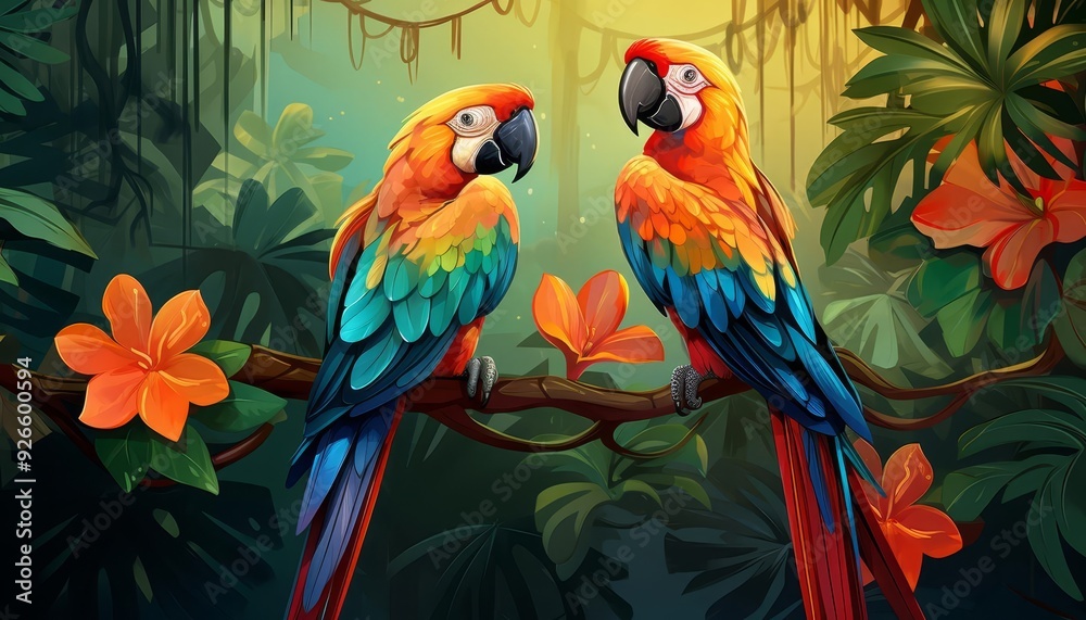 Fototapeta premium Rainforest background with parrots, flat design, top view, tropical theme, cartoon drawing, vivid