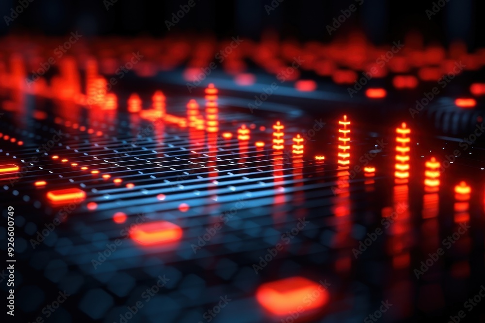 Obraz premium Close-up of an audio mixing console with glowing red LED lights in a dark studio setting.