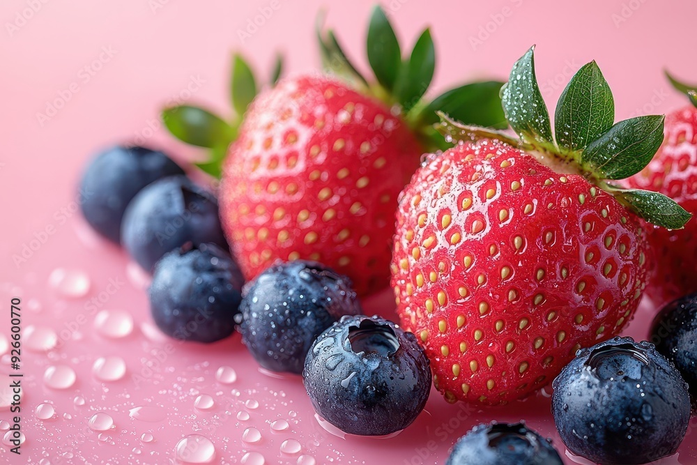 vibrant still life of plump strawberries and blueberries arranged in a spiral pattern on a soft pink background with droplets of water glistening on their surfaces vibrant still life of plump strawberries and blueberries arranged in a spiral pattern on a soft pink background with droplets of water glistening on their surfaces