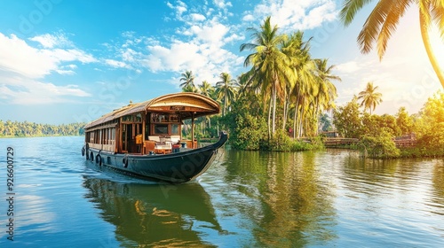 The picturesque backwaters of Kerala, with traditional houseboats floating gently on the water.