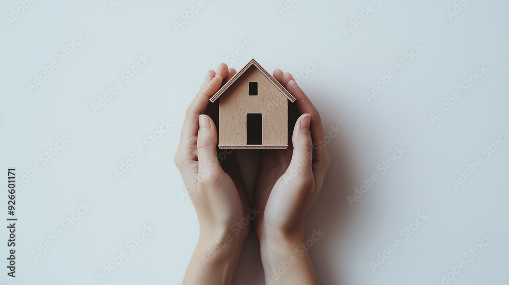 Hands Holding a Small House Model, Symbol of Home and Security Hands Holding a Small House Model, Symbol of Home and Security