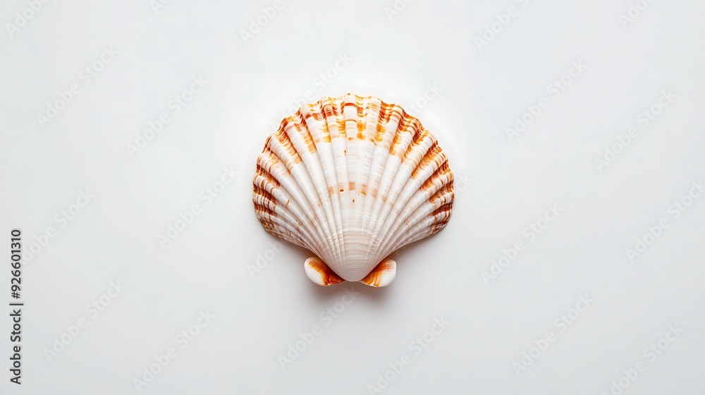 White and Orange Seashell with Detailed Ridges on a White Background
