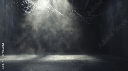 Empty concrete room with dark smoky background, faint cobwebs, eerie Halloween setting, soft lighting