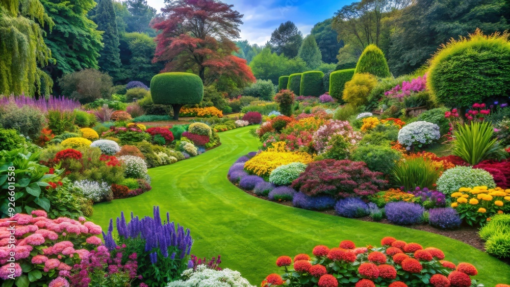 Obraz premium A beautiful garden with colorful flowers, lush green plants, and manicured landscaping, gardening, landscaping, flowers