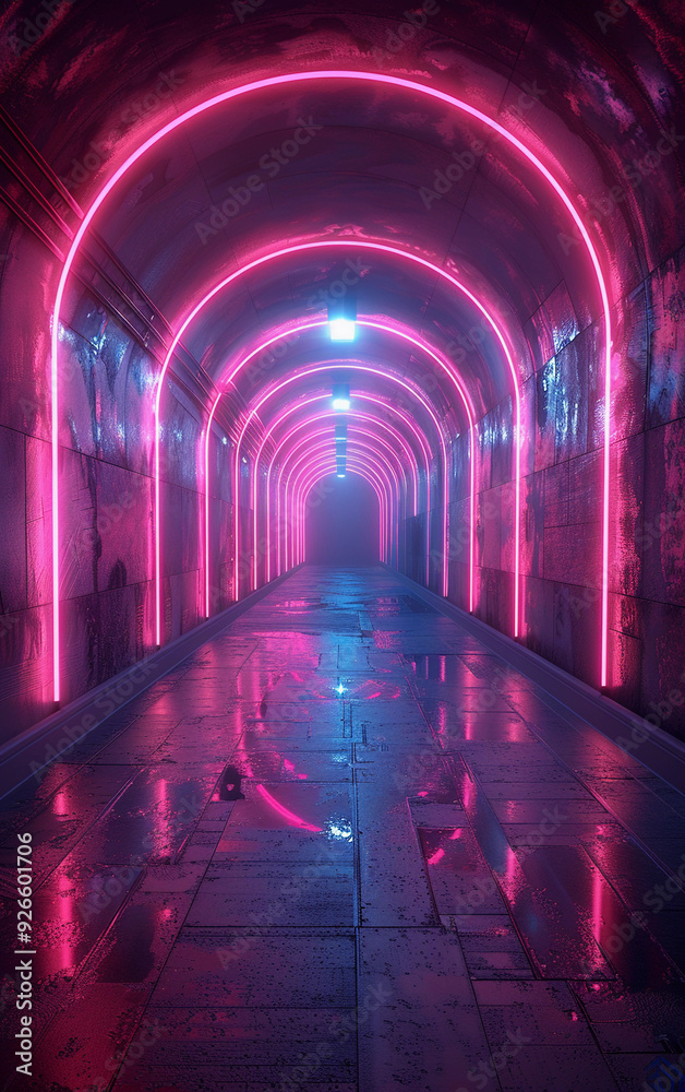 Naklejka premium A neon tunnel with pink lights. The tunnel is long and narrow