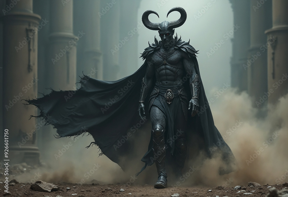 Hades in the underworld, the ancient greek god, horned, black skin and grunge dark clothes, black scale armour Hades in the underworld, the ancient greek god, horned, black skin and grunge dark clothes, black scale armour