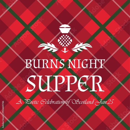 Burns night supper card on tartan background. Scottish holiday