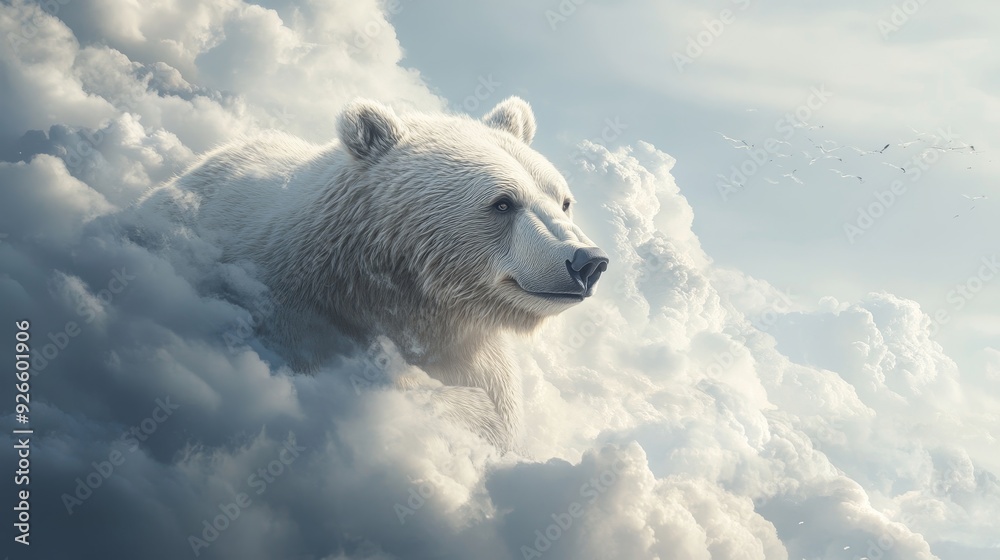 A majestic polar bear emerges from the clouds, symbolizing strength, tranquility, and the beauty of nature. The serene background emphasizes the bear's majestic presence. A majestic polar bear emerges from the clouds, symbolizing strength, tranquility, and the beauty of nature. The serene background emphasizes the bear's majestic presence.