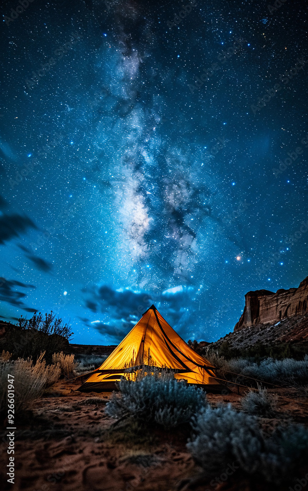 A small yellow tent is set up in the desert at night. The sky is filled with stars and the moon is visible. The scene is peaceful and serene A small yellow tent is set up in the desert at night. The sky is filled with stars and the moon is visible. The scene is peaceful and serene
