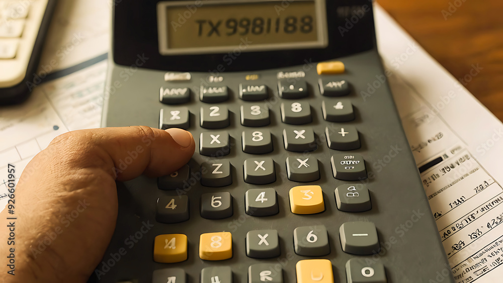 A close-up shot of a stressed young Asian businessman, focusing intently as he uses a calculator to determine his tax income, expenses, and credit card bills. The setting appears to be either his home A close-up shot of a stressed young Asian businessman, focusing intently as he uses a calculator to determine his tax income, expenses, and credit card bills. The setting appears to be either his home
