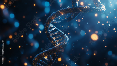 Abstract DNA strand with glowing blue and orange particles on a dark background. 