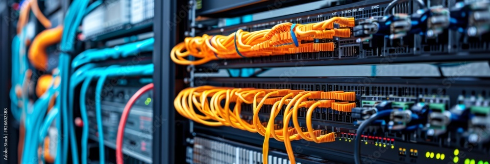 An IT room with neatly organized fiber optic cables and network switches An IT room with neatly organized fiber optic cables and network switches