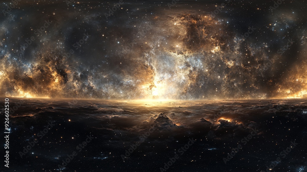 Fototapeta premium A mesmerizing panorama of a celestial landscape, featuring a brilliant sunrise over a distant planet, surrounded by a breathtaking nebula and countless stars. This image symbolizes exploration, wonder