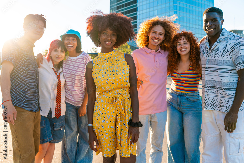 Obraz premium Multiethnic group of young friends meeting and having fun outdoors - Multiracial happy and stylish teen students bonding in the city, concepts about youth, teenagers lifestyle and diversity