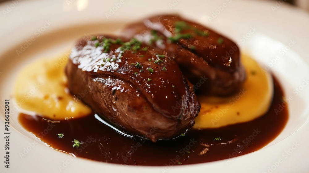 A mouthwatering plate of seared duck breast, coated in a rich, dark gravy, served alongside creamy mashed potatoes. The dish embodies elegance, comfort, and gourmet indulgence. A mouthwatering plate of seared duck breast, coated in a rich, dark gravy, served alongside creamy mashed potatoes. The dish embodies elegance, comfort, and gourmet indulgence.