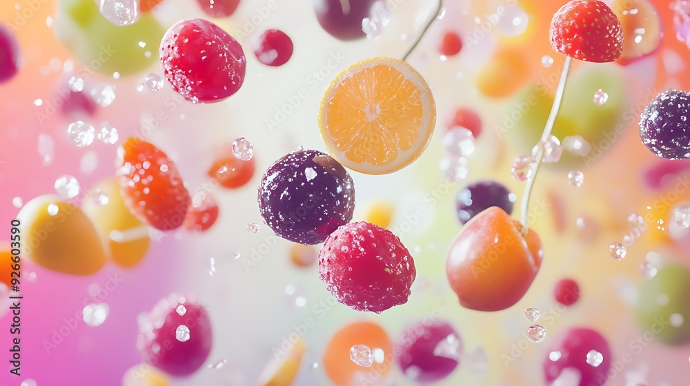 A Colorful Mix of Fruit and Water Droplets Suspended in Mid-Air A Colorful Mix of Fruit and Water Droplets Suspended in Mid-Air