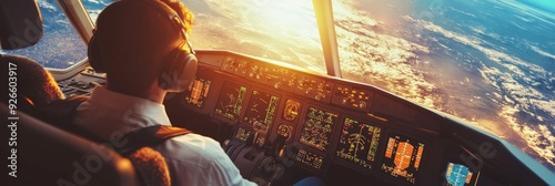 A pilot in the cockpit of a commercial airplane, with the sunrise illuminating the clouds below. The image symbolizes adventure, travel, freedom, aspiration, and the beauty of nature.