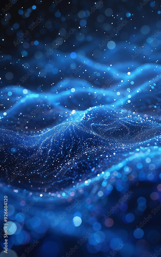A blue and white image of a wave with a lot of dots. The image has a dreamy, ethereal quality to it A blue and white image of a wave with a lot of dots. The image has a dreamy, ethereal quality to it
