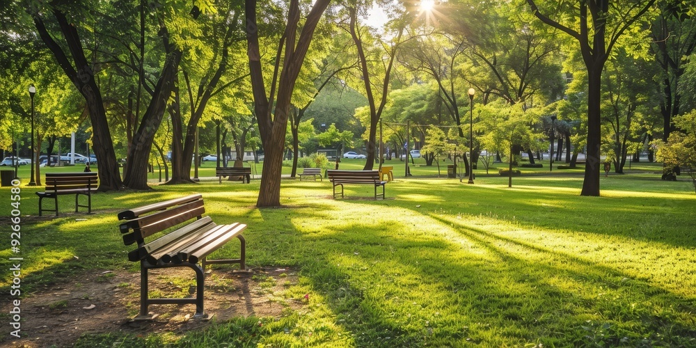 A tranquil park scene with benches, lush greenery, and sunlight filtering through trees, perfect for relaxation and nature lovers. A tranquil park scene with benches, lush greenery, and sunlight filtering through trees, perfect for relaxation and nature lovers.