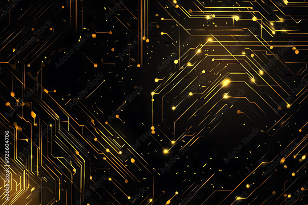 A modern abstract design featuring gold lines and dots representing network science and technology on a high-tech dark background. Ideal for templates, web design, and presentations A modern abstract design featuring gold lines and dots representing network science and technology on a high-tech dark background. Ideal for templates, web design, and presentations