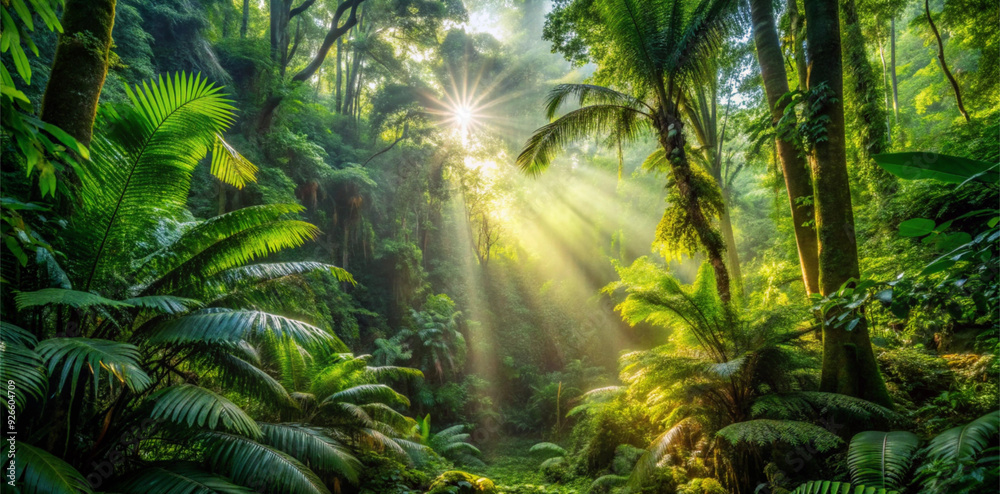 Fototapeta premium Rays of sunlight break through the trees and limpets in the rainforest