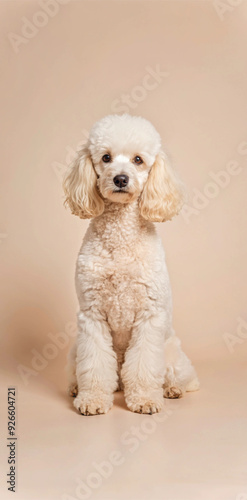 A white poodle sits in a photo studio looking directly into the camera, milk-colored coat