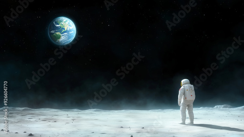 Astronaut standing on the moon's surface, gazing at Earth in the dsky, space exploration themes