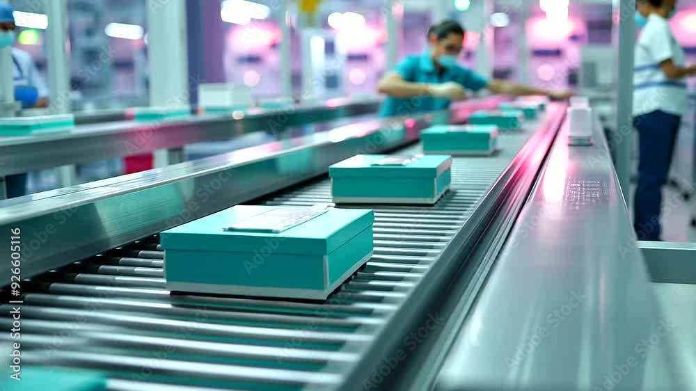 A conveyor belt carries a stream of small boxes past a technician, who swiftly scans each one with a handheld device, highlighting the efficiency of automated sample processing A conveyor belt carries a stream of small boxes past a technician, who swiftly scans each one with a handheld device, highlighting the efficiency of automated sample processing