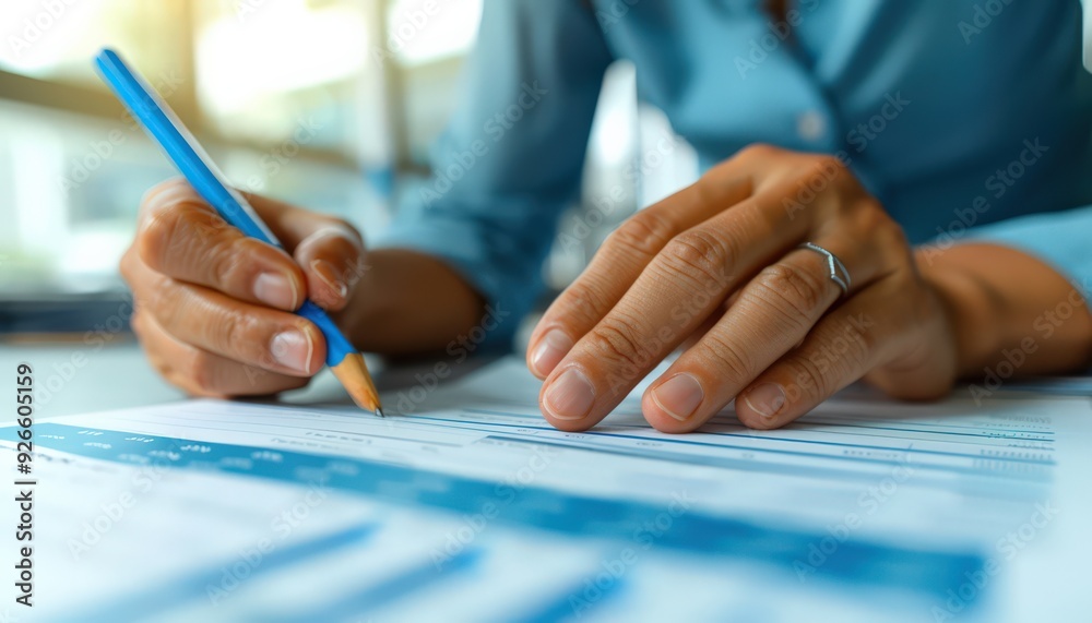 Close-up of Businessperson Analyzing Financial Documents with Pencil in Hand at Office Desk Close-up of Businessperson Analyzing Financial Documents with Pencil in Hand at Office Desk