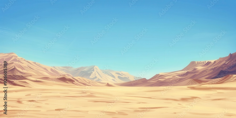 Naklejka premium A vast desert landscape with golden sand and distant mountains under a clear blue sky, perfect for travel and adventure themes.