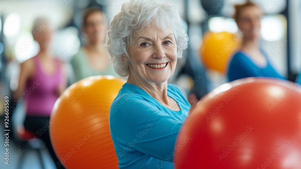 A senior woman is smiling and holding a red exercise ball in a gym with other people working out. She represents health, fitness, and positive aging. She is surrounded by other people, demonstrating c A senior woman is smiling and holding a red exercise ball in a gym with other people working out. She represents health, fitness, and positive aging. She is surrounded by other people, demonstrating c