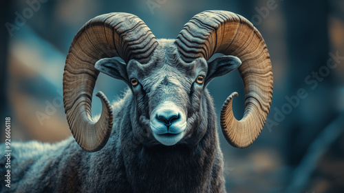 Closeup of Mountain ring shape Bighorn  ram sheep