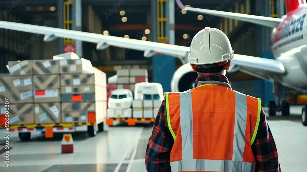 Amidst the hustle and bustle of the cargo airport, a diligent logistician in a vest and white construction helmet monitors the loading of a cargo pallet onto a plane