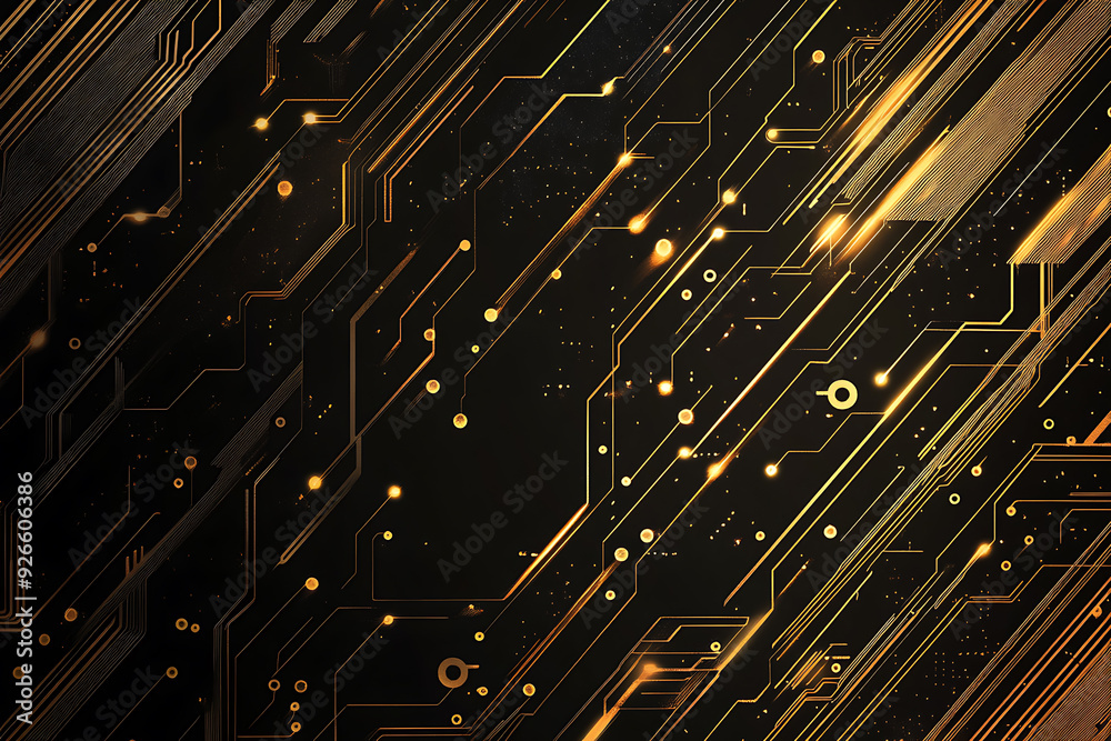 A modern abstract design featuring gold lines and dots representing network science and technology on a high-tech dark background. Ideal for templates, web design, and presentations A modern abstract design featuring gold lines and dots representing network science and technology on a high-tech dark background. Ideal for templates, web design, and presentations
