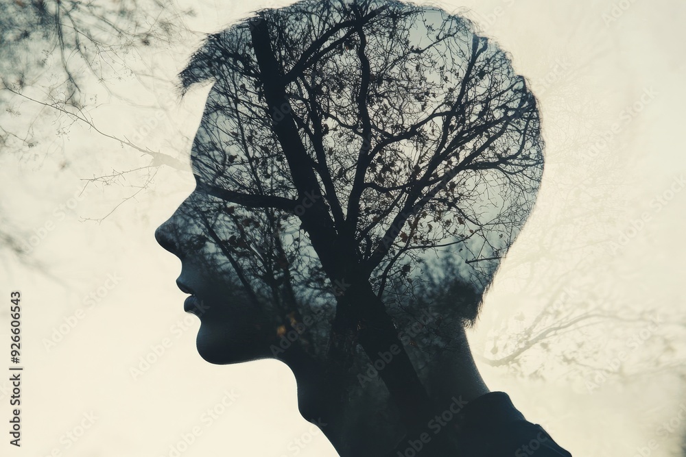 A silhouette of a person with a tree growing inside their head, symbolizing inner growth, connection to nature, mental well-being, potential, and a journey of self-discovery. A silhouette of a person with a tree growing inside their head, symbolizing inner growth, connection to nature, mental well-being, potential, and a journey of self-discovery.