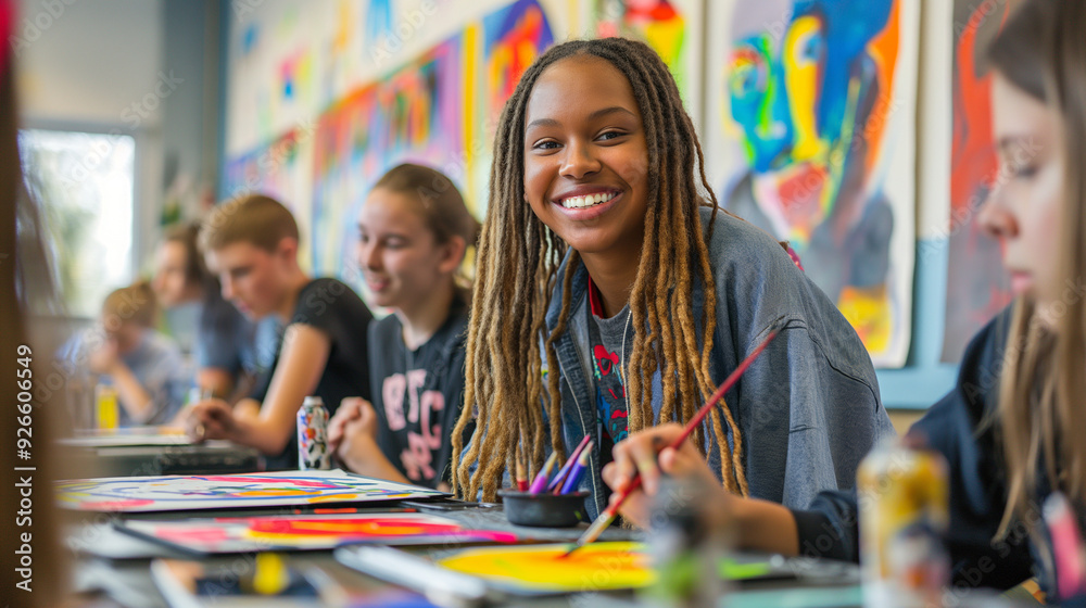 Smiling Teenage Girl Painting in Art Class with Classmates in Bright Classroom
