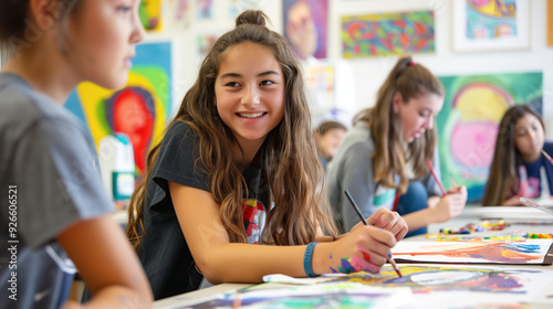 Smiling Girl Engaged in Painting Activity with Friends in Art Classroom