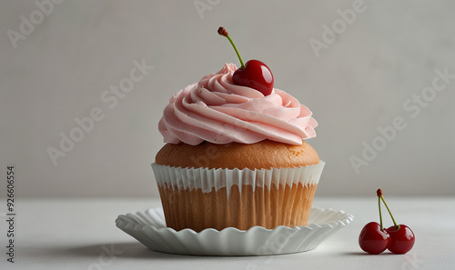 minimalistic cupcake illustration with a cherry on top, designed in soft pastel colors, perfectly centered on a clean white background.