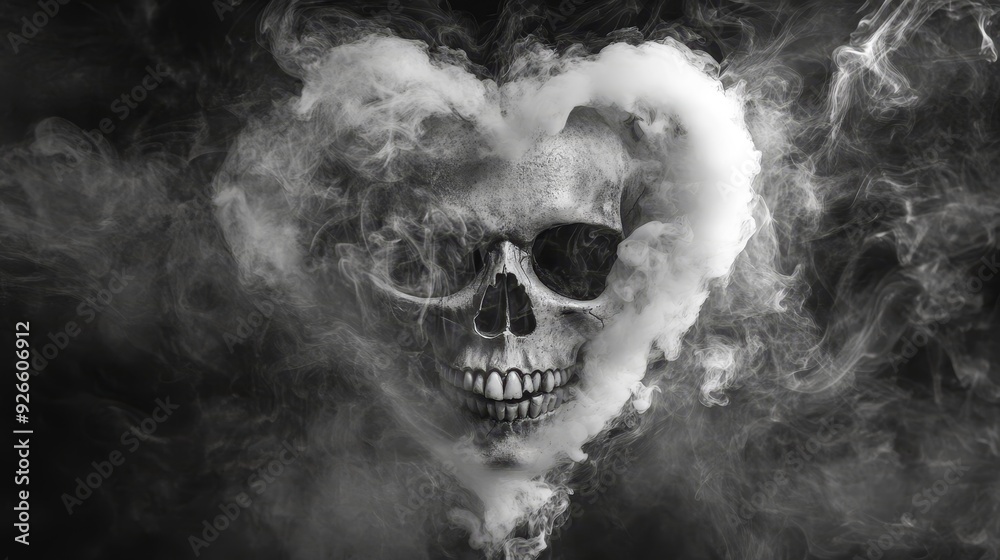 A skull encased in a heart-shaped cloud of smoke, symbolizing the fragility of life, the ephemeral nature of love, the duality of love and death, the power of the mind over the body, and the beauty in A skull encased in a heart-shaped cloud of smoke, symbolizing the fragility of life, the ephemeral nature of love, the duality of love and death, the power of the mind over the body, and the beauty in