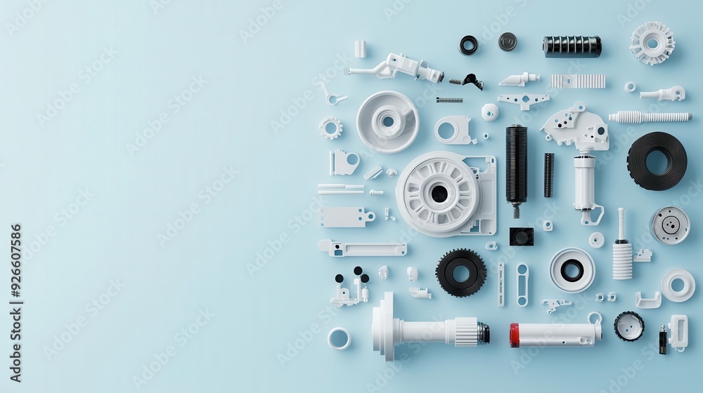 Gearbox assembly, exploded view, 3D illustration Gearbox assembly, exploded view, 3D illustration
