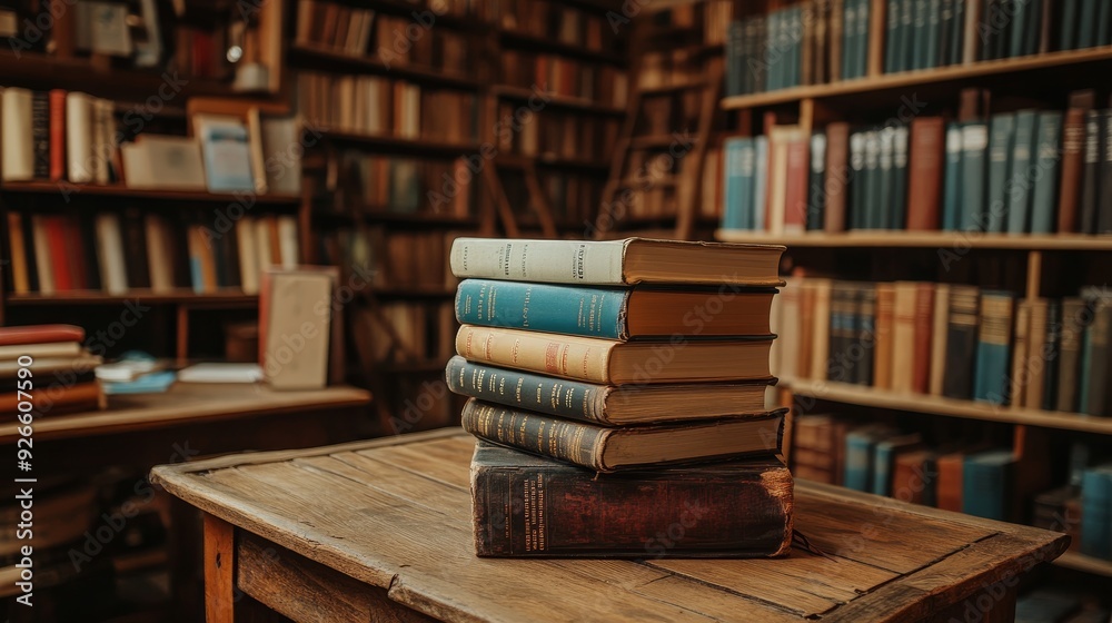 A stack of books in a library setting, symbolizing knowledge, education, and learning. The books are stacked neatly, suggesting organization and order, and the surrounding bookshelves highlight the va A stack of books in a library setting, symbolizing knowledge, education, and learning. The books are stacked neatly, suggesting organization and order, and the surrounding bookshelves highlight the va